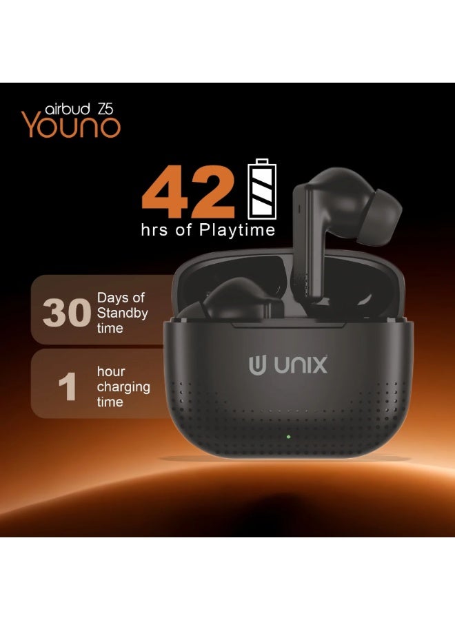 يونيكس سماعات UNIX Youno Airbud Z5 لاسلكية بالكامل | مشغلات صوت 10 مم | بلوتوث 5.4 مع وقت تشغيل يصل إلى 42 ساعة | تقنية ENC لتقليل الضوضاء ومكالمات واضحة | شحن سريع بمنفذ Type-C ومقاومة للماء بمعيار IPX4 - Image 2